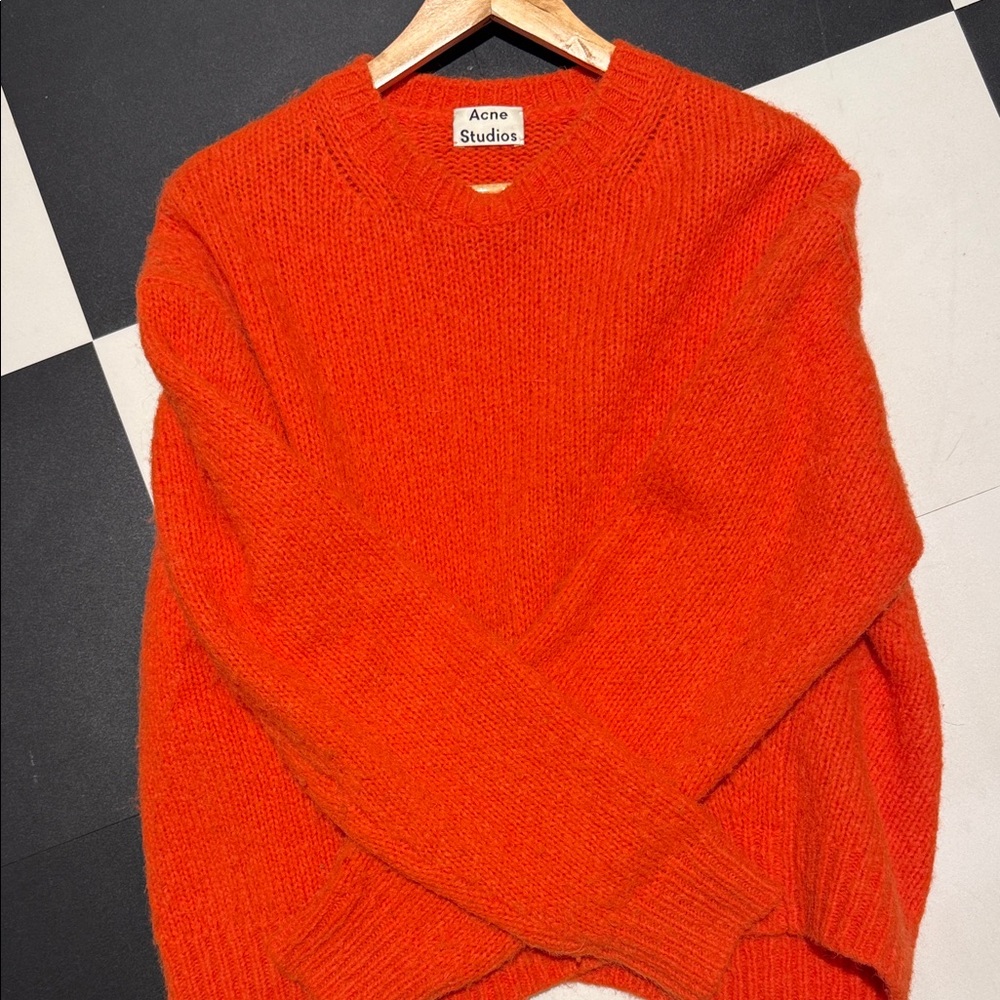 Acne Orange Alpaca Crew Neck Sweater with asymmetrical hem
